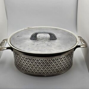 Antique Silver plate Casserole Holder With Hall Pottery Ceramic Casserole Dish
